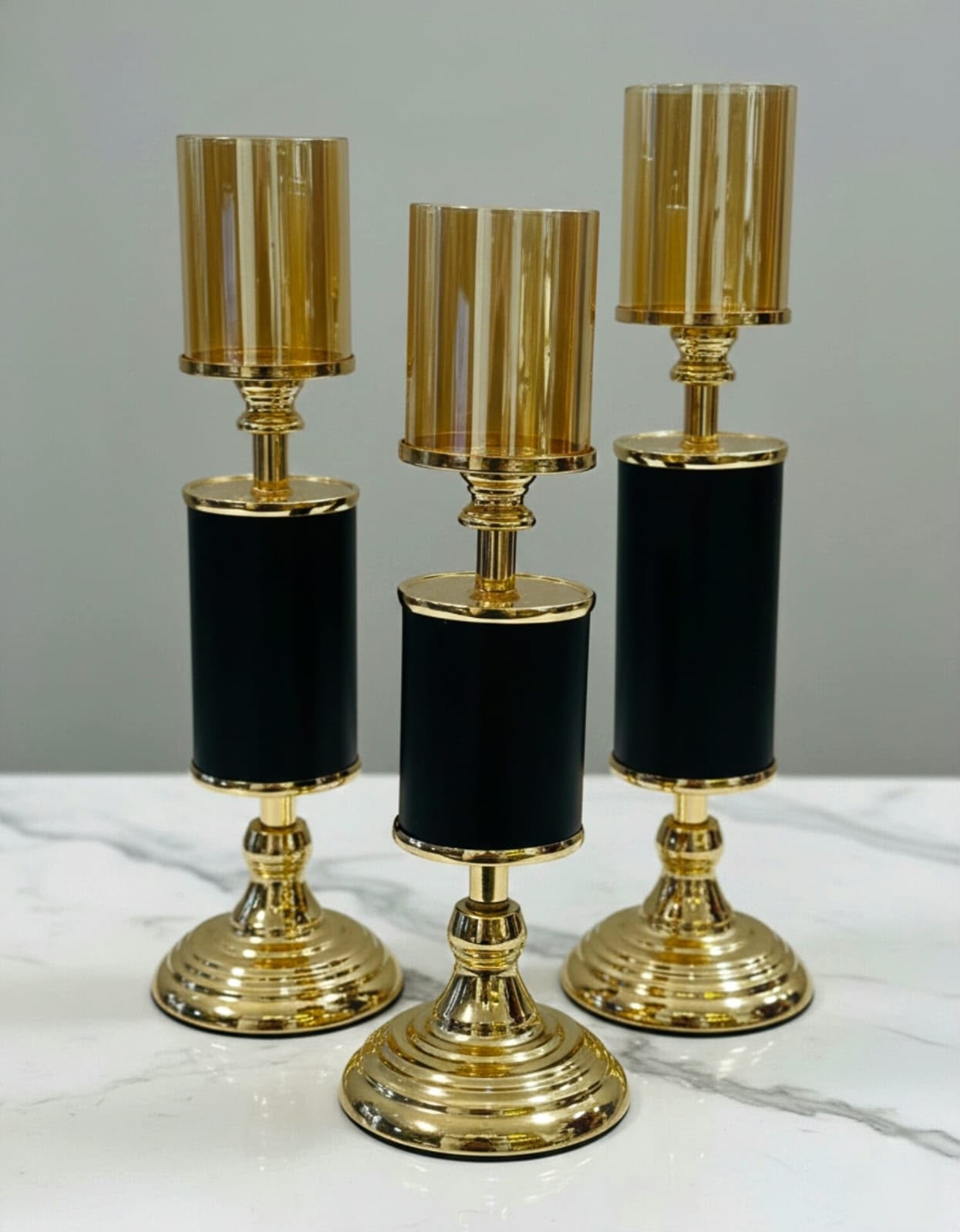 Luxury Black & Gold Glass Candle Holder Set