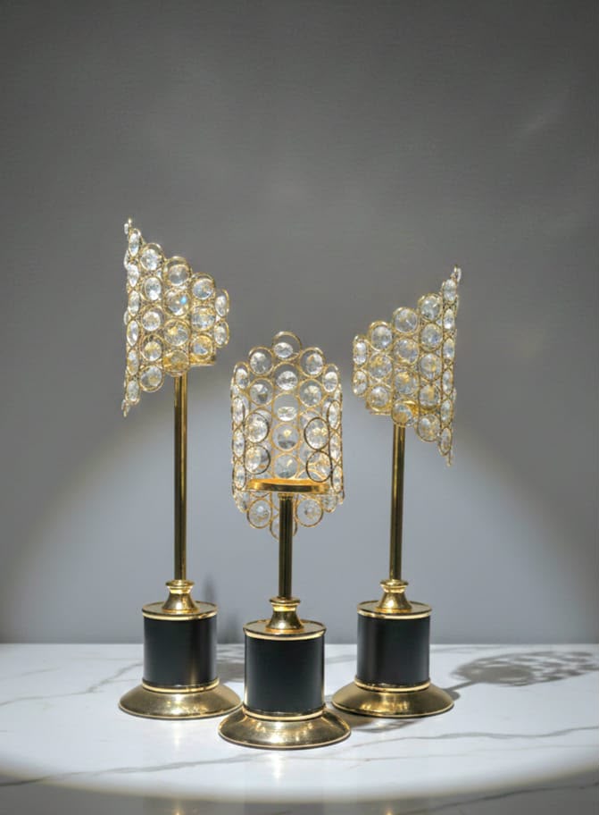 Luxury Crystal Candle Holder Set – Black & Gold