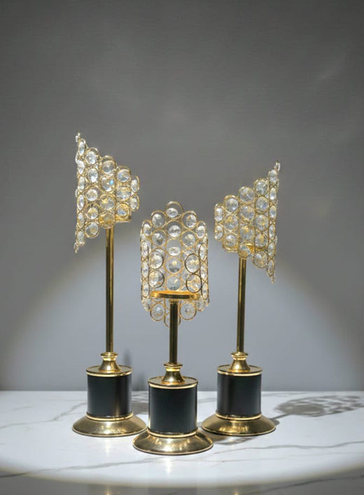 Luxury Crystal Candle Holder Set – Black & Gold